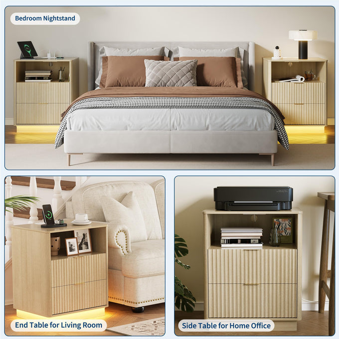 Natural Wood GlowCharge Nightstand shown in bedroom living room and home office