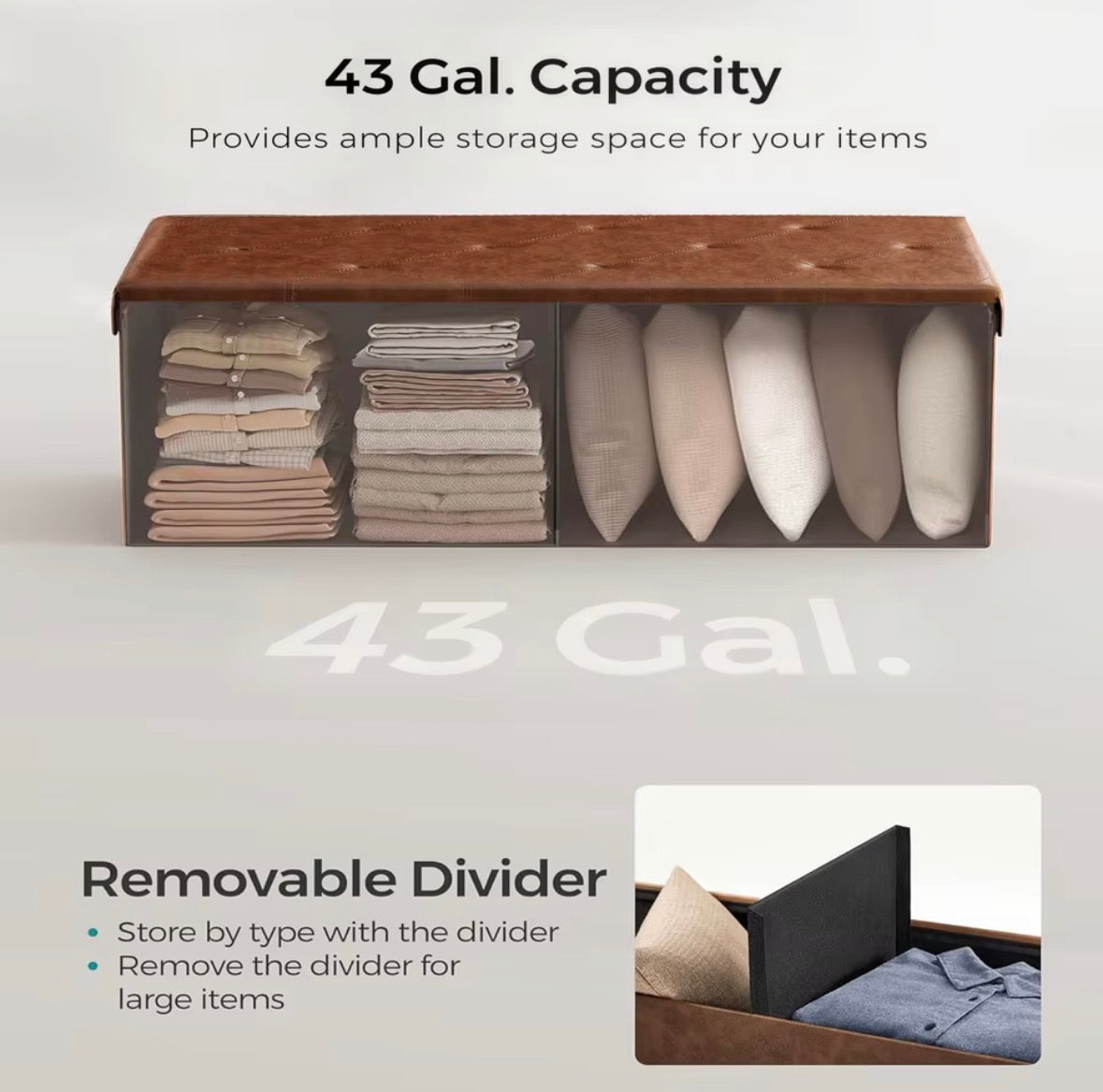 RoomWave storage ottoman capacity and removable divider feature