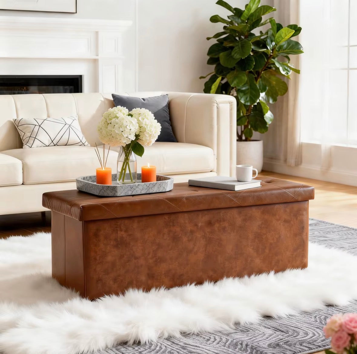 RoomWave brown FoldAway storage ottoman in a living room