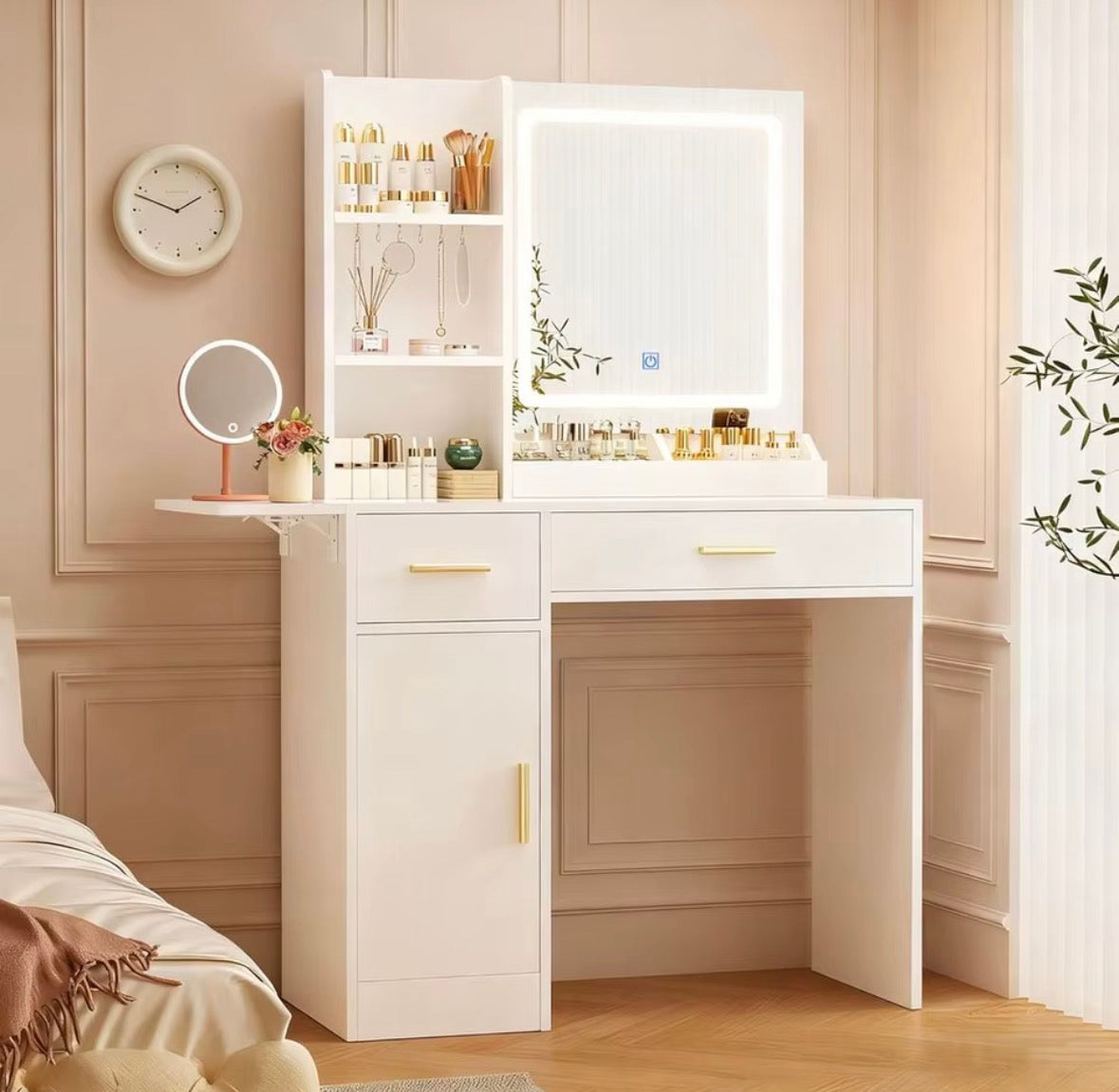 RoomWave white fold-out vanity desk with lighted mirror