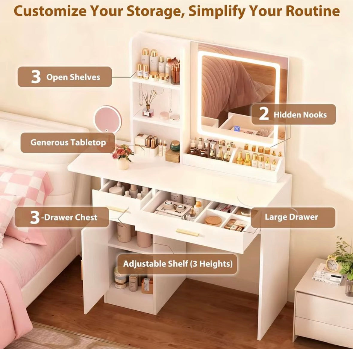 RoomWave vanity storage features and compartments