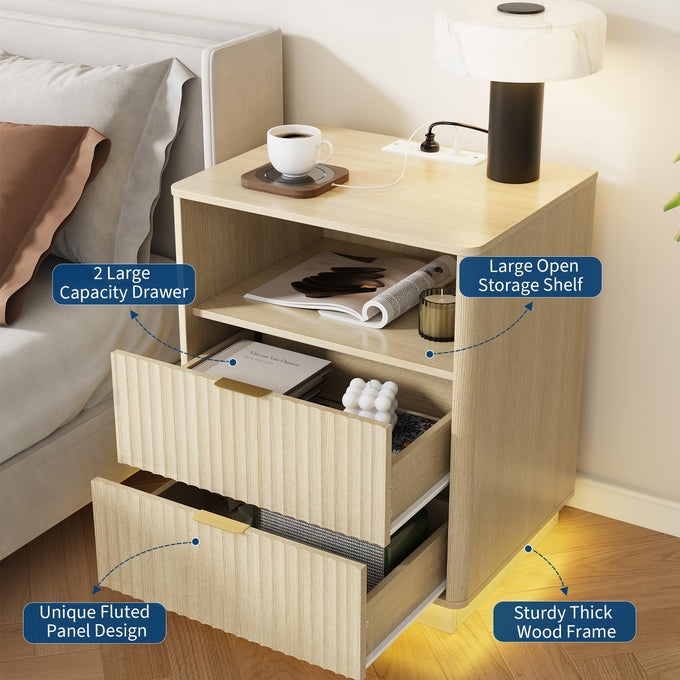 RoomWave GlowCharge Nightstand in Natural Wood with two drawers and open shelf