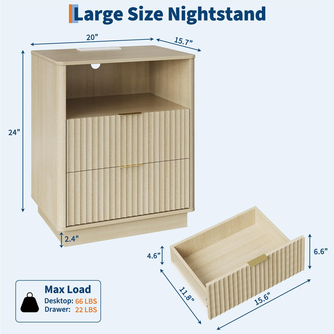 Natural Wood GlowCharge Nightstand size and drawer dimensions