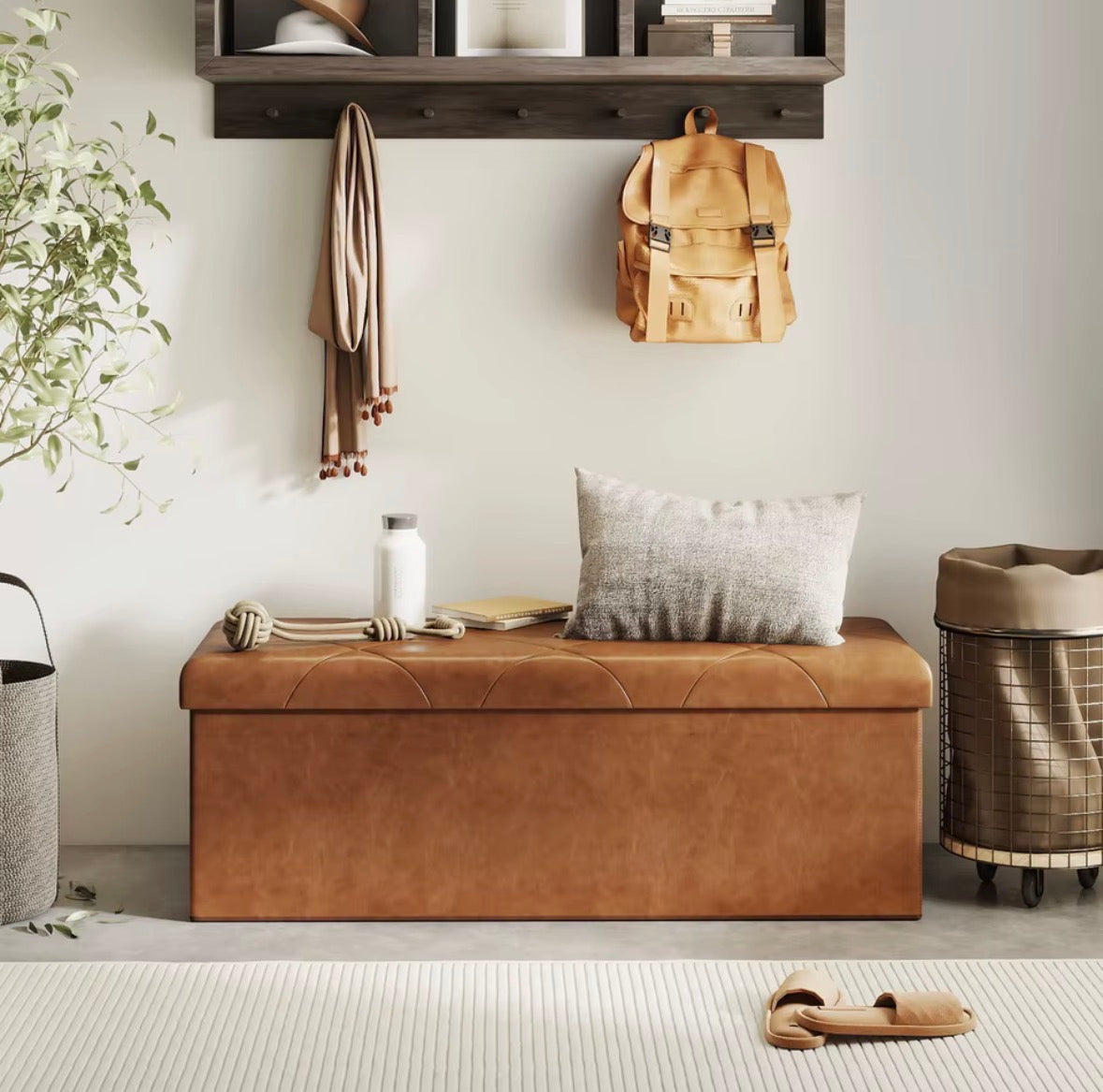 RoomWave brown storage ottoman used as an entryway bench