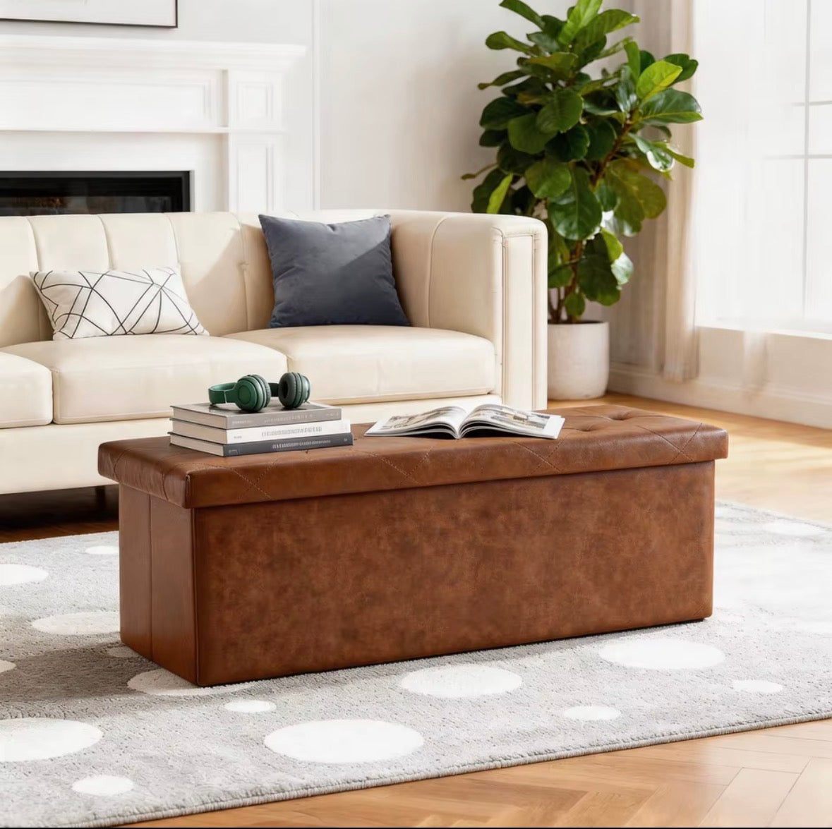 RoomWave brown storage ottoman styled as a living room bench