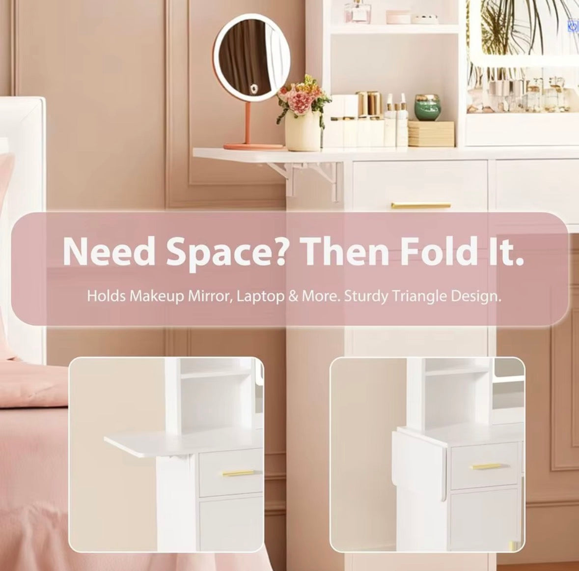 RoomWave vanity fold-out side surface feature