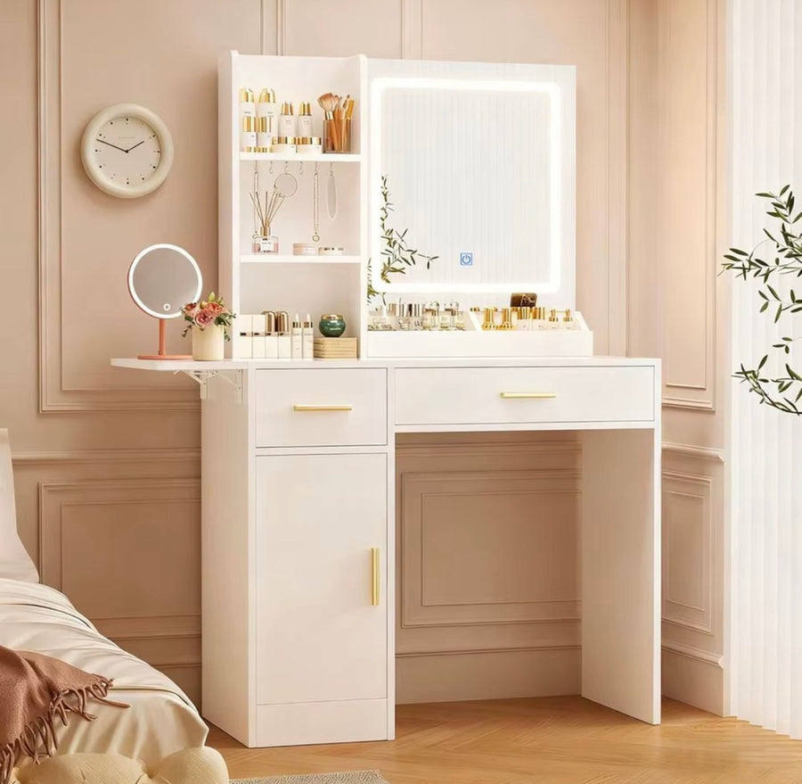 RoomWave white fold-out vanity desk with lighted mirror