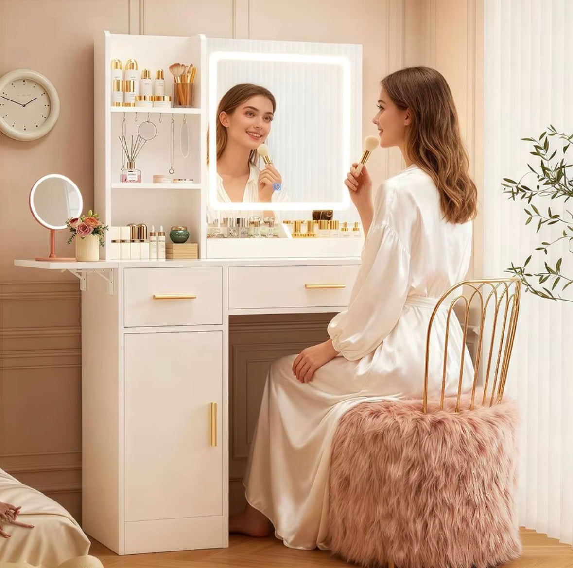 RoomWave fold-out vanity in use with lighted mirror